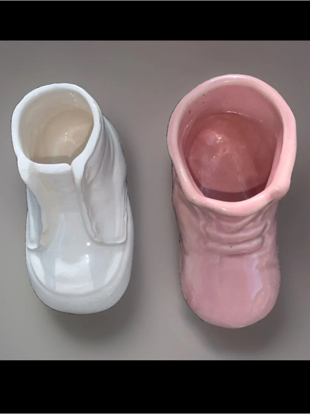 Vintage 1950s Ceramic Baby Bootie Planters, Pink & White. Set of 2